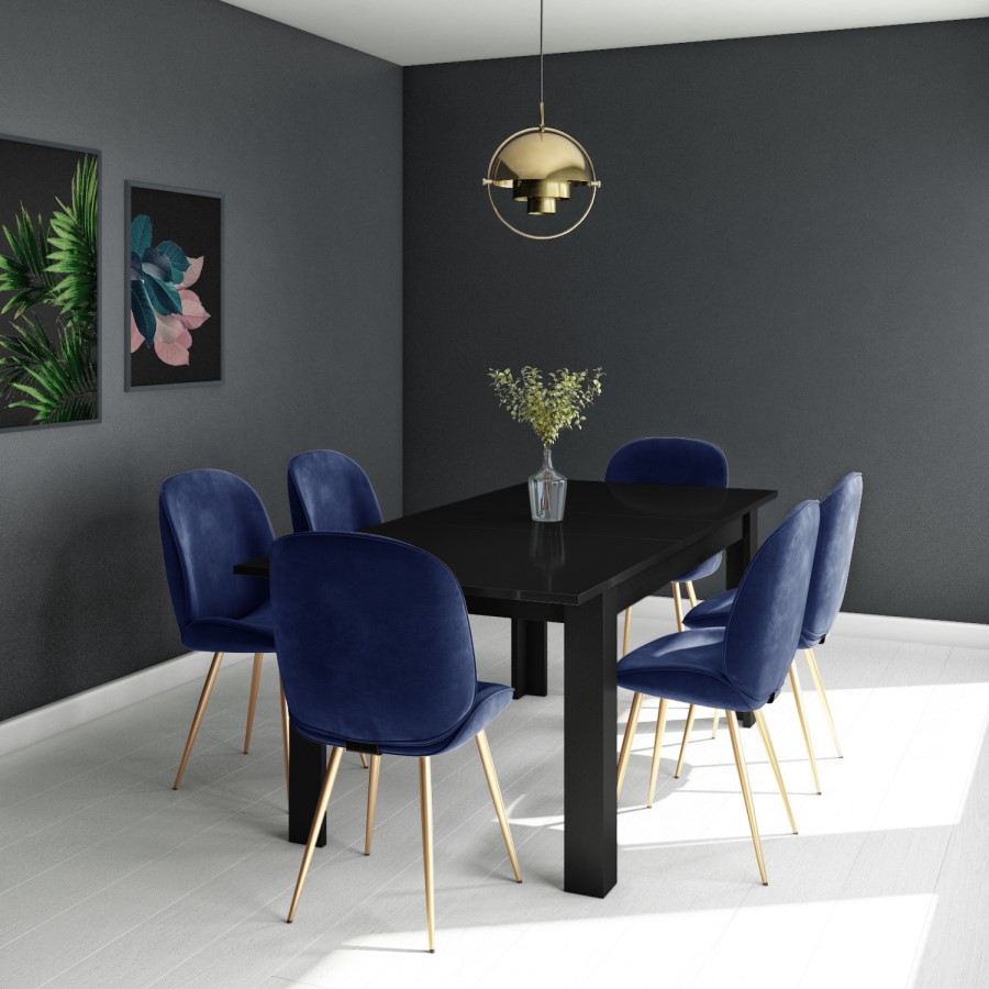 Black Extendable Dining Table with 6 Gold & Blue Velvet Chairs - Vivienne & Jenna