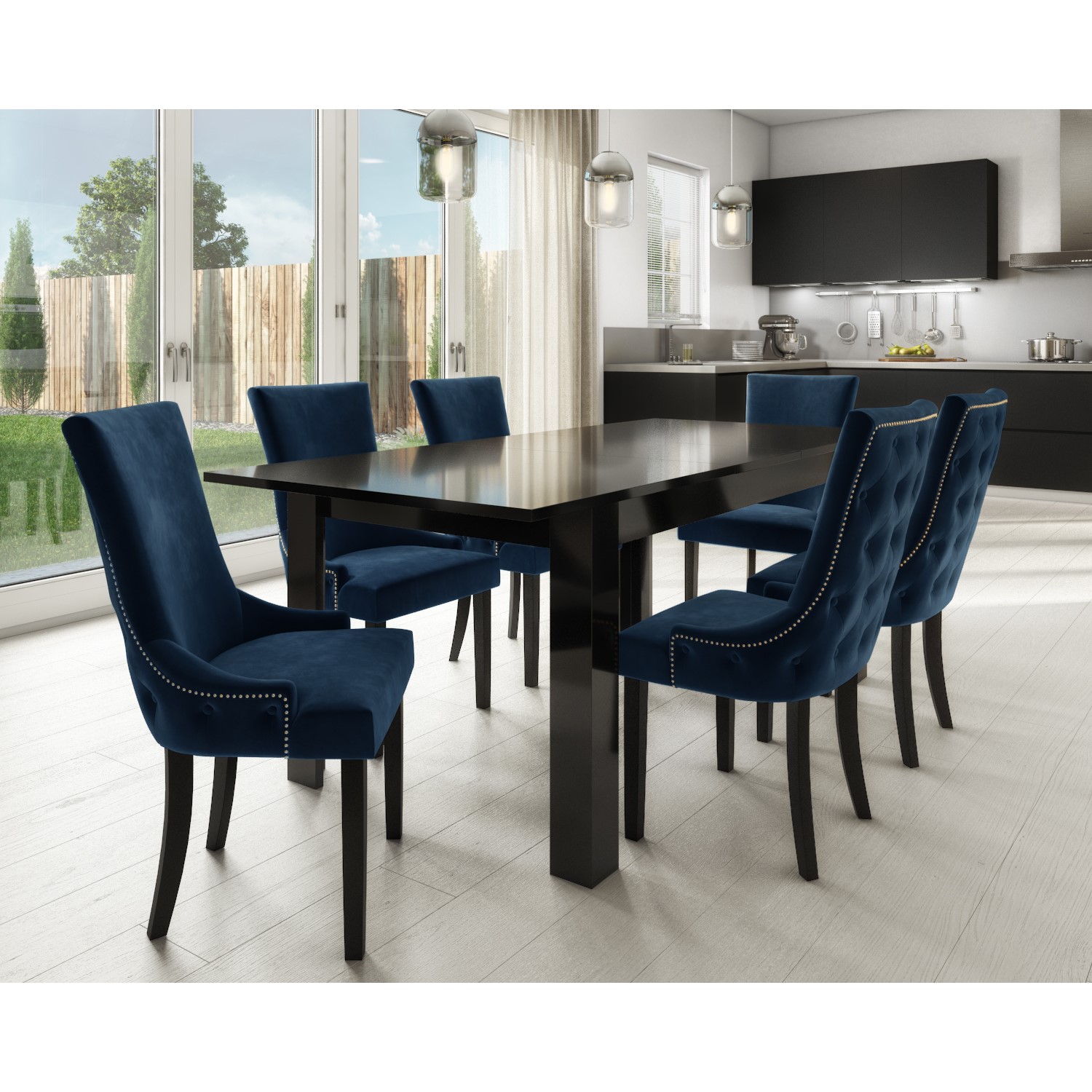 Black High Gloss Extending Dining Table With 6 Navy Blue Velvet Dining Chairs Furniture123