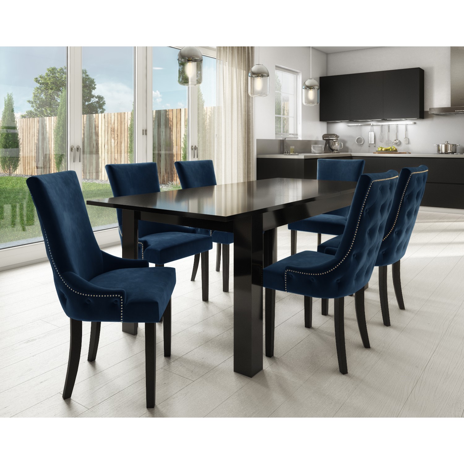 Black High Gloss Extending Dining Table With 6 Navy Blue Velvet Dining Chairs Furniture123 Black High Gloss Extending Dining Table With 6 Navy Blue Velvet Dining Chairs Furniture123