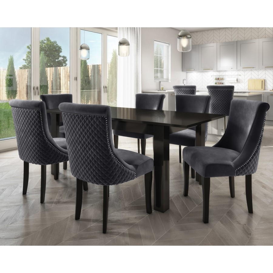 Vivienne Black High Gloss Extendable Dining Set with 6 Grey Velvet Dining Chairs