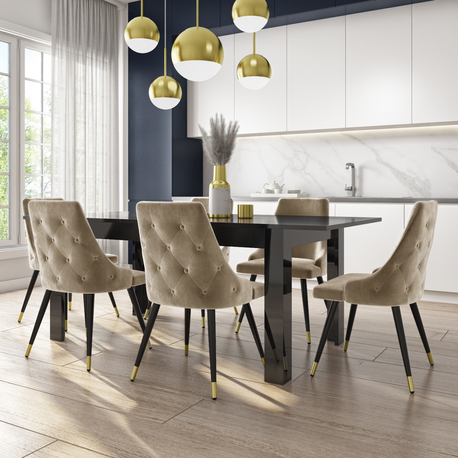 6 Seater Black Extendable Gloss Dining Set with 6 Beige Velvet Buttoned Dining Chairs