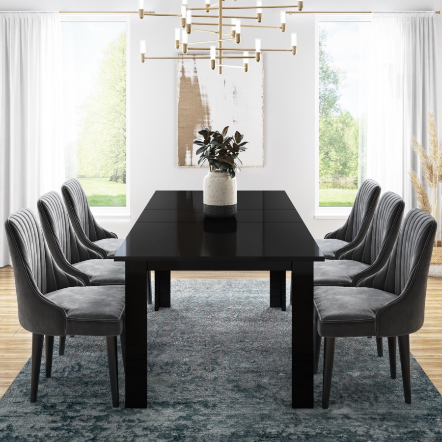 Vivienne Black Gloss Extendable Dining Table with 6 Grey Velvet Ribbed Dining Chairs