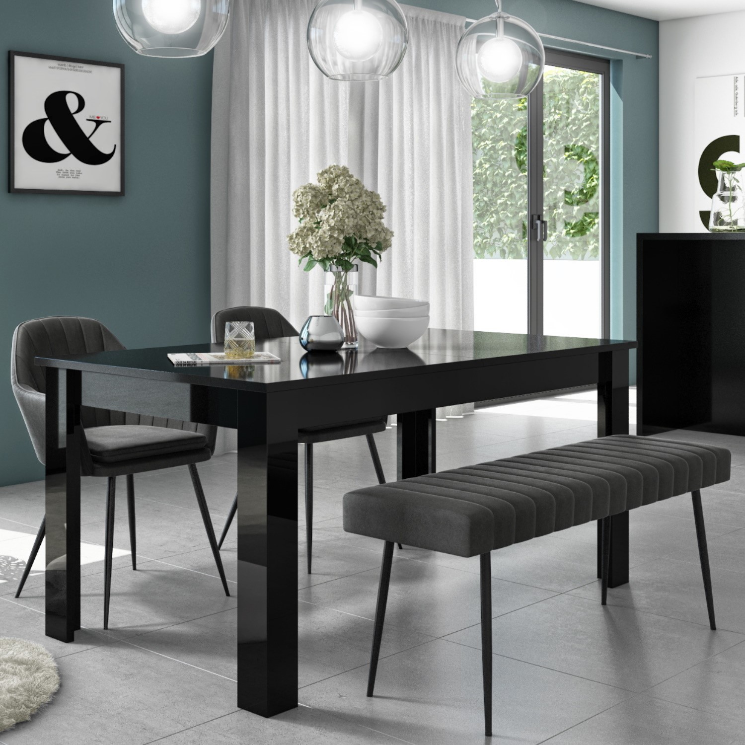 Vivienne Black Gloss Dining Table With, Faux Leather Dining Bench