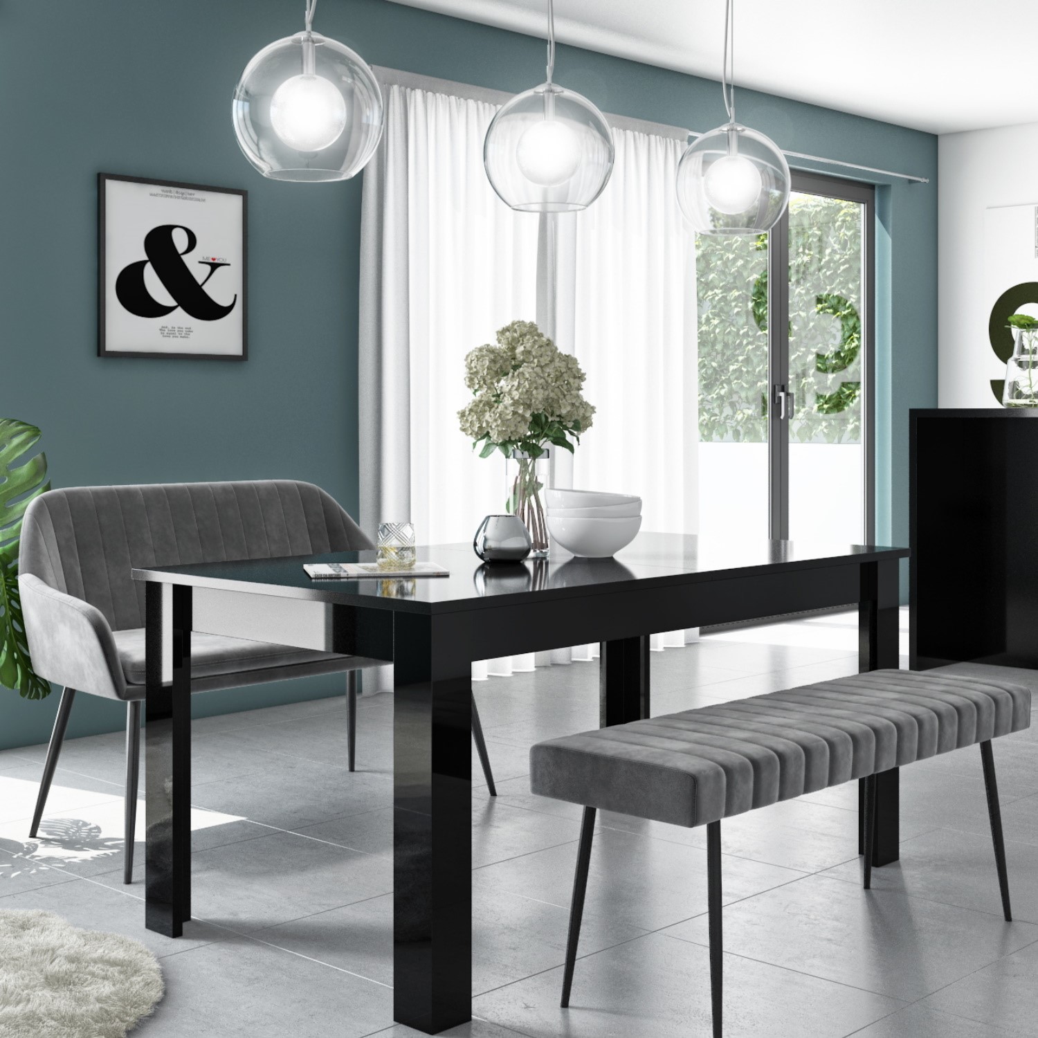 Vivienne black extendable dining table with 1 grey velvet dining bench