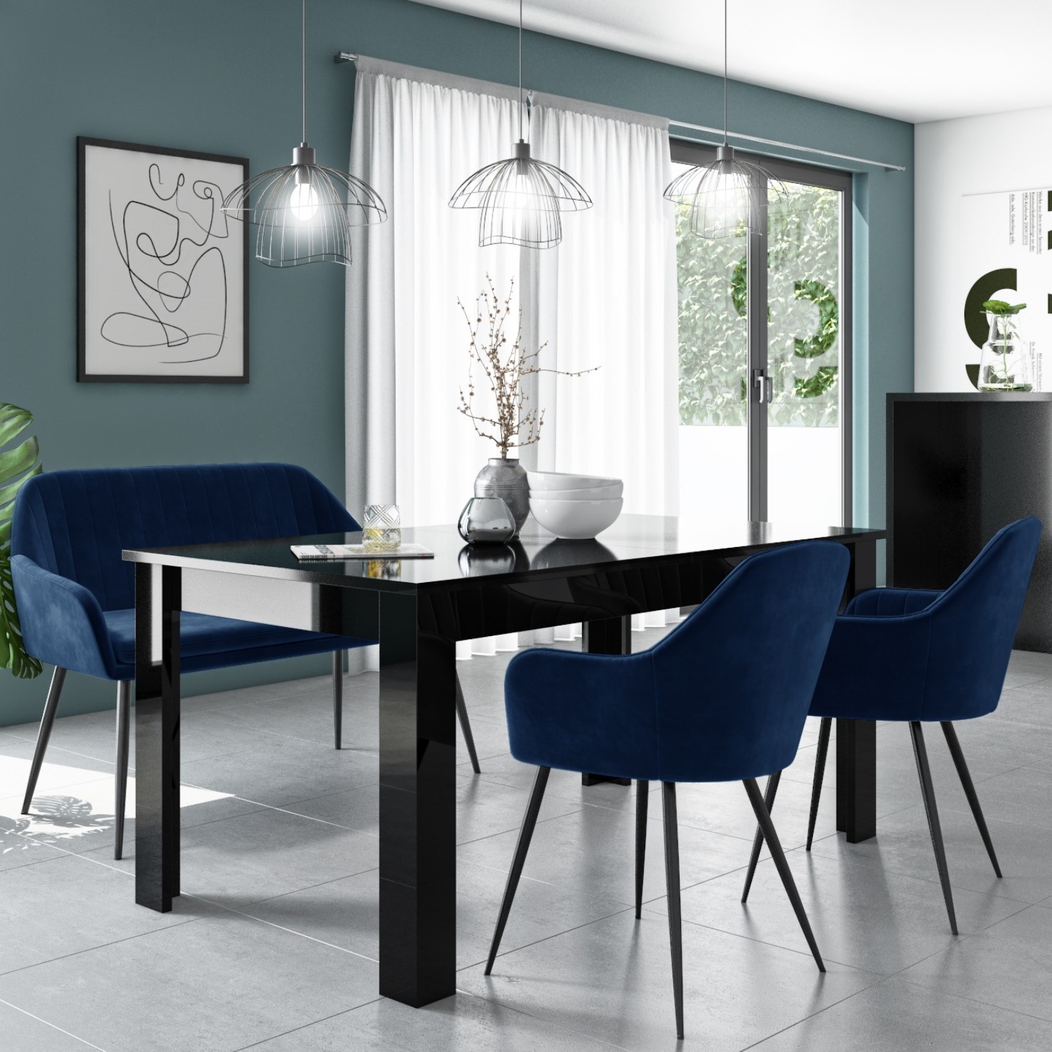 Photo of Black gloss extendable dining table with 2 navy blue velvet dining chairs and 1 high back dining bench - seats 4 - vivie