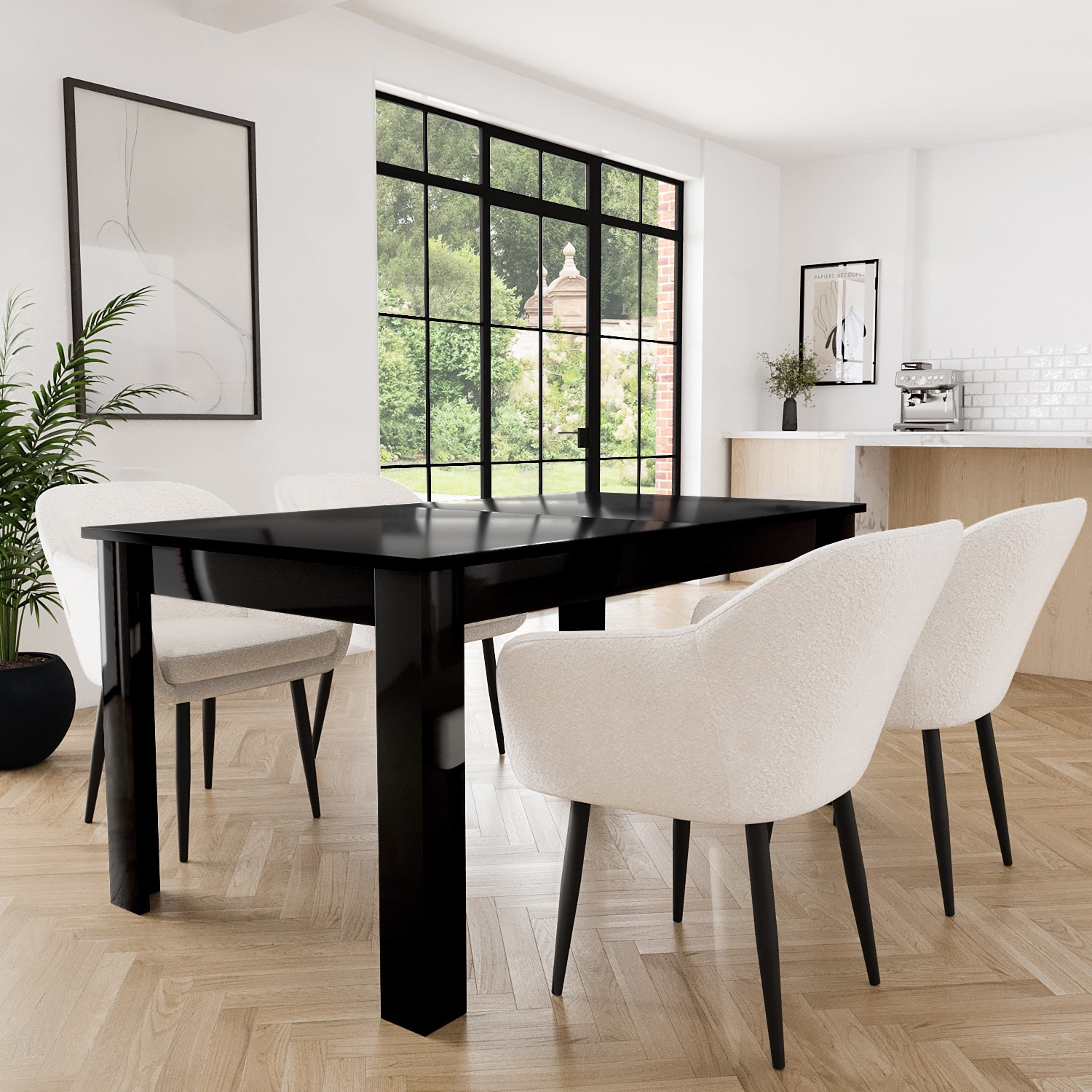Photo of Large black high gloss extendable dining table with 4 x boucle dining chairs - vivienne