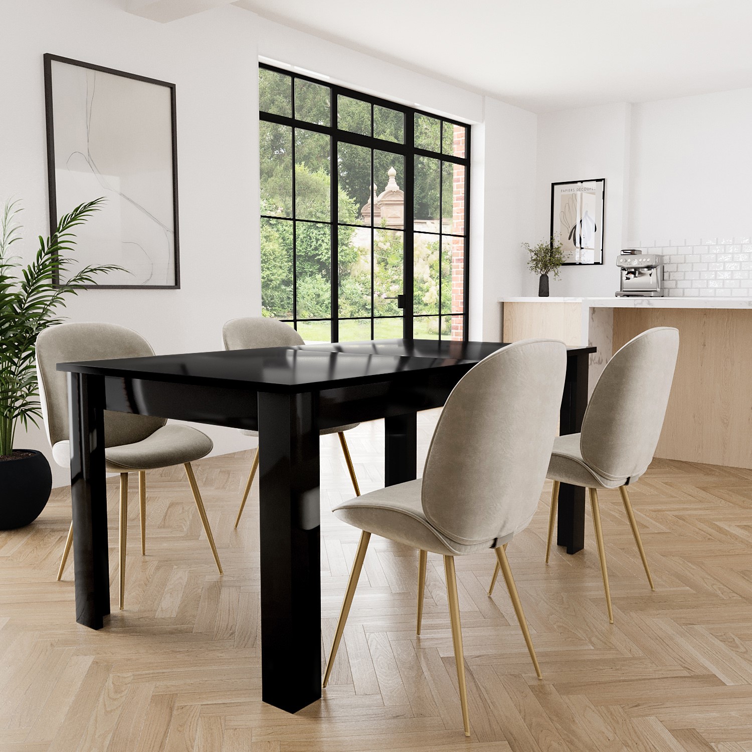 Photo of Large black gloss extandable dining table with 4 x mink velvet dining chairs - vivienne