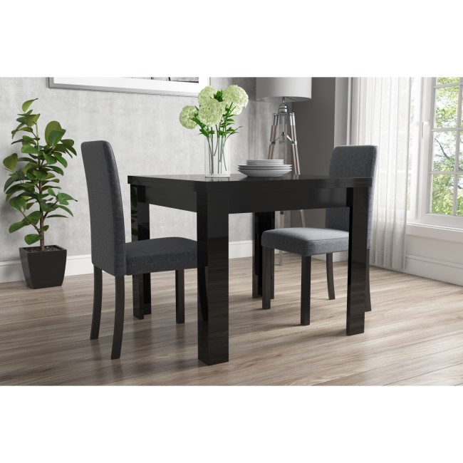 Vivienne Flip Top Black High Gloss Dining Table + 2 Grey Fabric Chairs