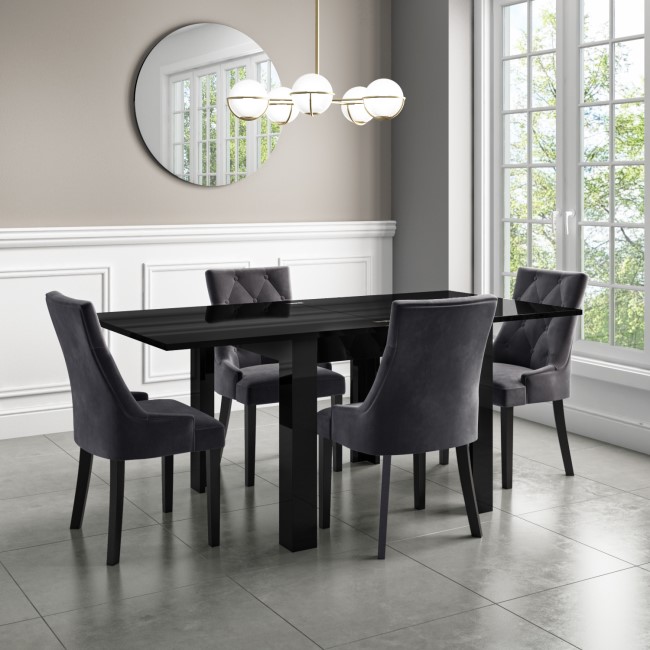 Flip Top Dining Table in Black High Gloss with 4 Grey Velvet Chairs - Vivienne & Kaylee