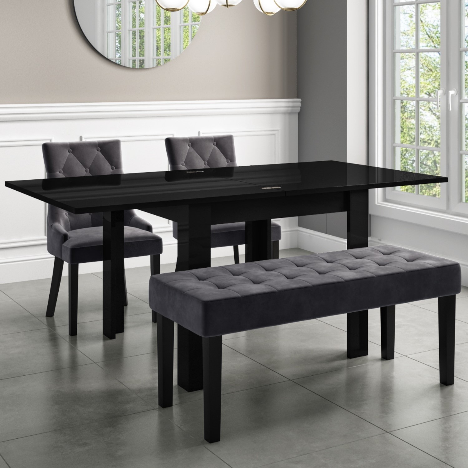 Flip Top Dining Table In Black High Gloss With 2 Grey Velvet Chairs 1 Bench Vivienne Kaylee Furniture123