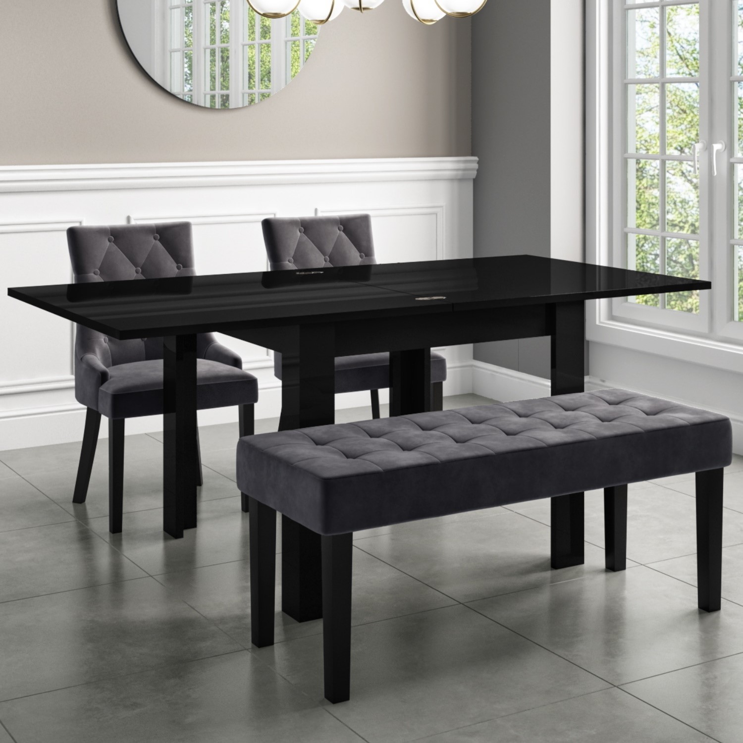 Flip Top Dining Table In Black High Gloss With 2 Grey Velvet Chairs 1 Bench Vivienne Kaylee Furniture123 Flip Top Dining Table In Black High Gloss With 2 Grey Velvet Chairs 1 Bench Vivienne Kaylee Furniture123