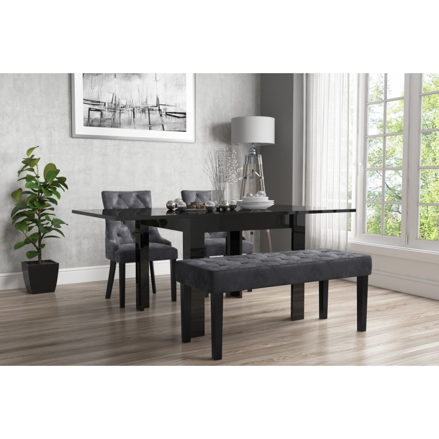 Flip Top Dining Table in Black High Gloss with 2 Grey Velvet Chairs & 1 Bench - Vivienne & Kaylee