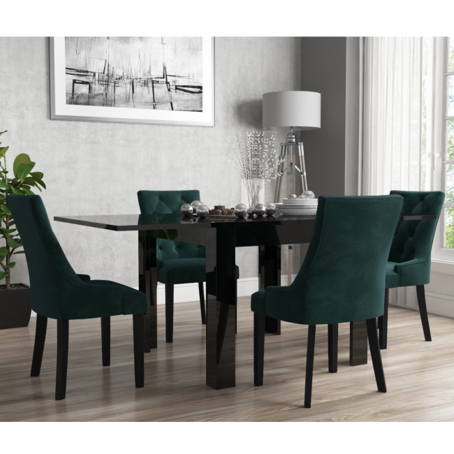 Flip Top Dining Table in Black High Gloss with 4 Green Velvet Chairs - Vivienne & Kaylee