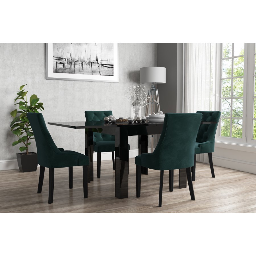 Flip Top Dining Table in Black High Gloss with 4 Green Velvet Chairs - Vivienne & Kaylee