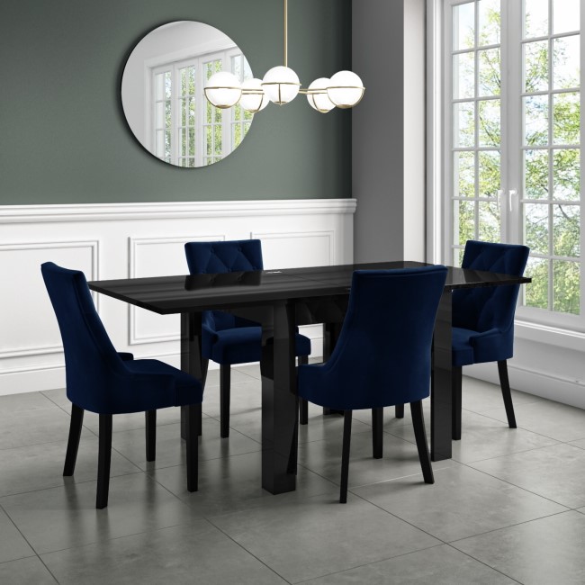 Black High Gloss Vivienne Flip Top Dining Table with 4 Dining Chairs in Blue Velvet