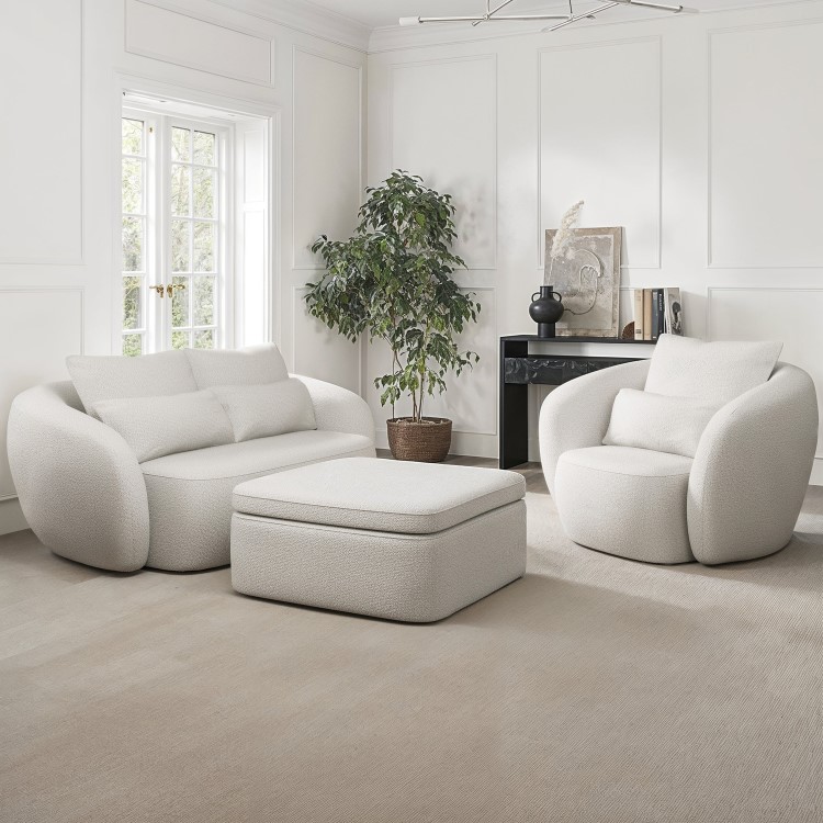 2 Seater Sofa and Armchair Set with Footstool in Cream Chenille - Vera