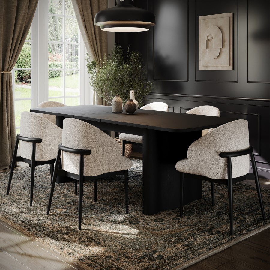 Rectangular Black Oak Extendable Dining Table Set with 6 Cream and Black Upholstered Chairs - Seats 6 - Wave