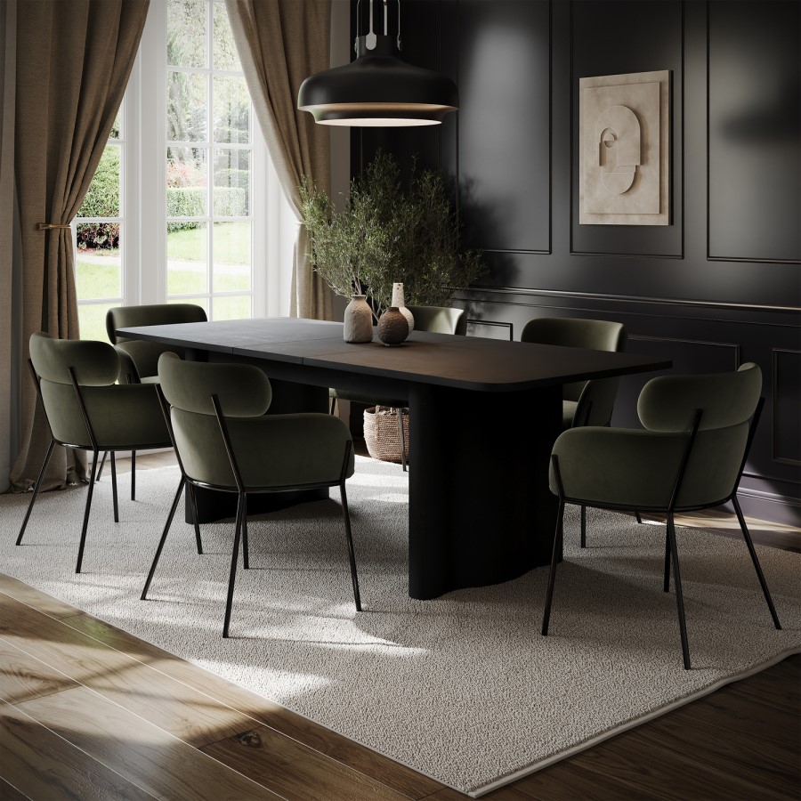 Black Oak Extendable Dining Table Set with 6 Green Velvet Chairs - Seats 6 - Wave