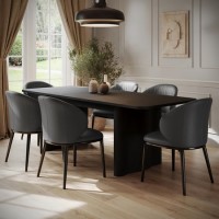 Black Oak Extendable Dining Table Set with 6 Charcoal Real Leather Chairs - Seats 6 - Wave