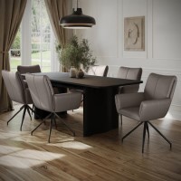 Black Oak Extendable Dining Table Set with 6 Real Leather Mink Swivel Chairs - Seats 6 - Wave