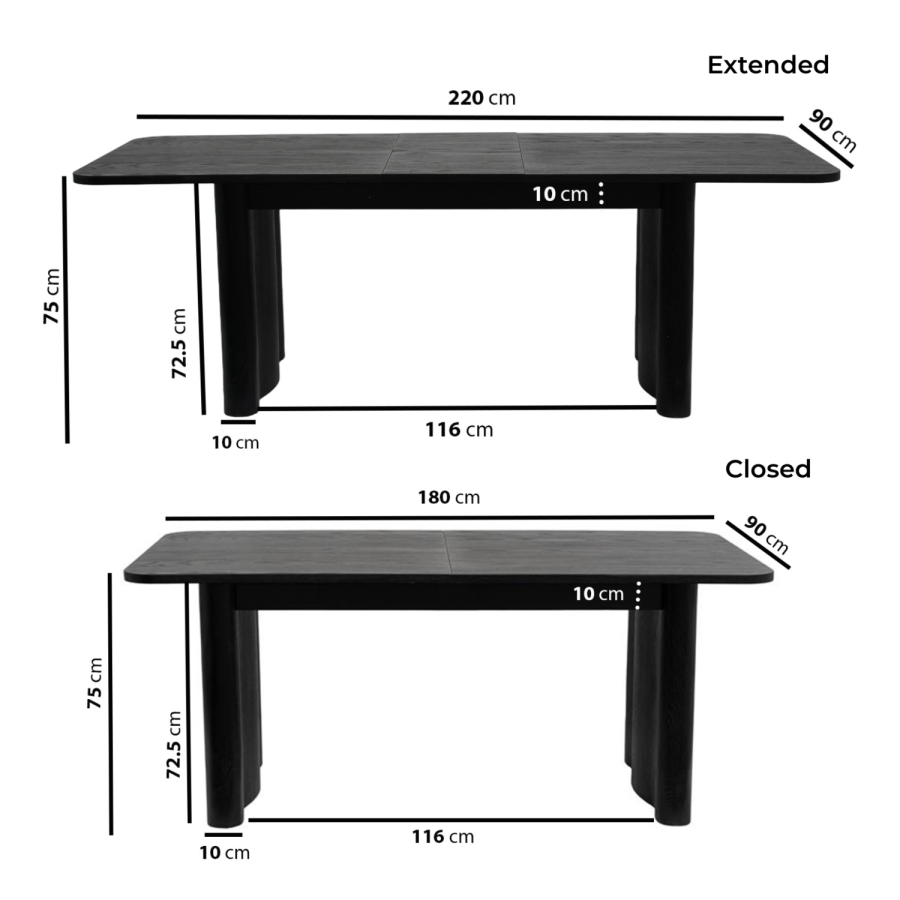 Black Oak Extendable Dining Table Set with 6 Charcoal Real Leather Chairs - Seats 6 - Wave