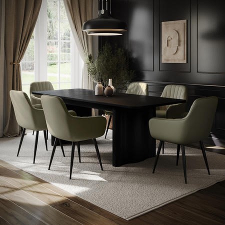 Large Rectangular Black Oak Extendable Dining Table Set with 6 Sage ...