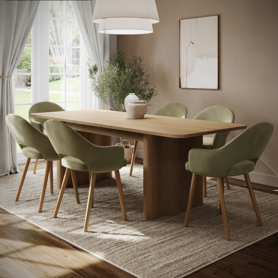 Large Rectangular Rustic Oak Extendable Dining Table Set with 6 Sage Green Velvet Chairs - Seats 6 - Wave