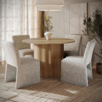 Round Limewash Oak Dining Table Set with 4 Neutral Upholstered Chairs - Seats 4 - Wave