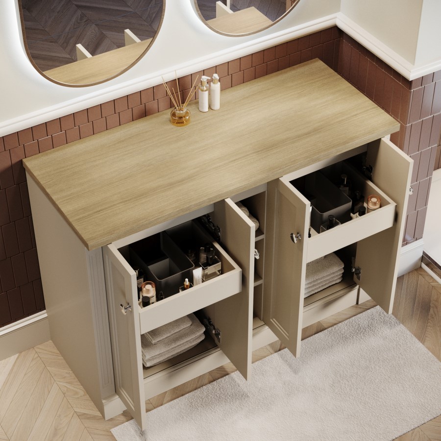 1200mm Beige Freestanding Double Vanity Unit with Wood Worktop - Windsor