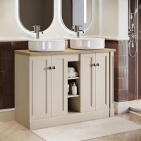 1200mm Beige Freestanding Double Countertop Vanity Unit with Basin and Wood Worktop - Windsor
