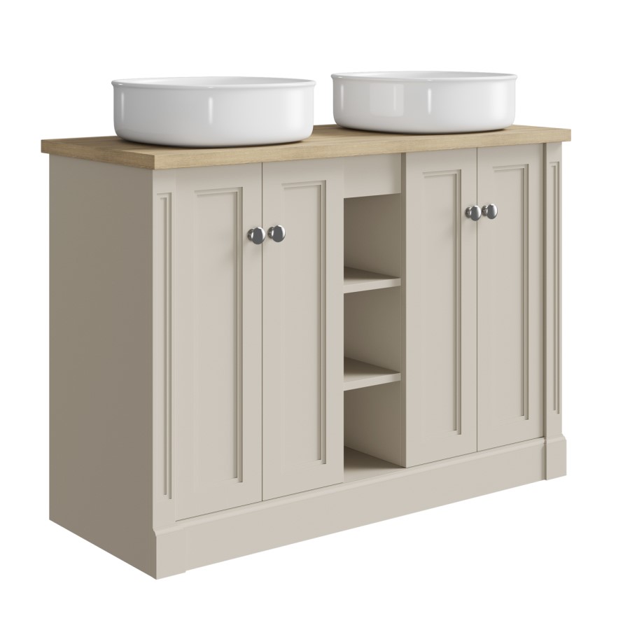 1200mm Beige Freestanding Double Countertop Vanity Unit with Basin and Wood Worktop - Windsor