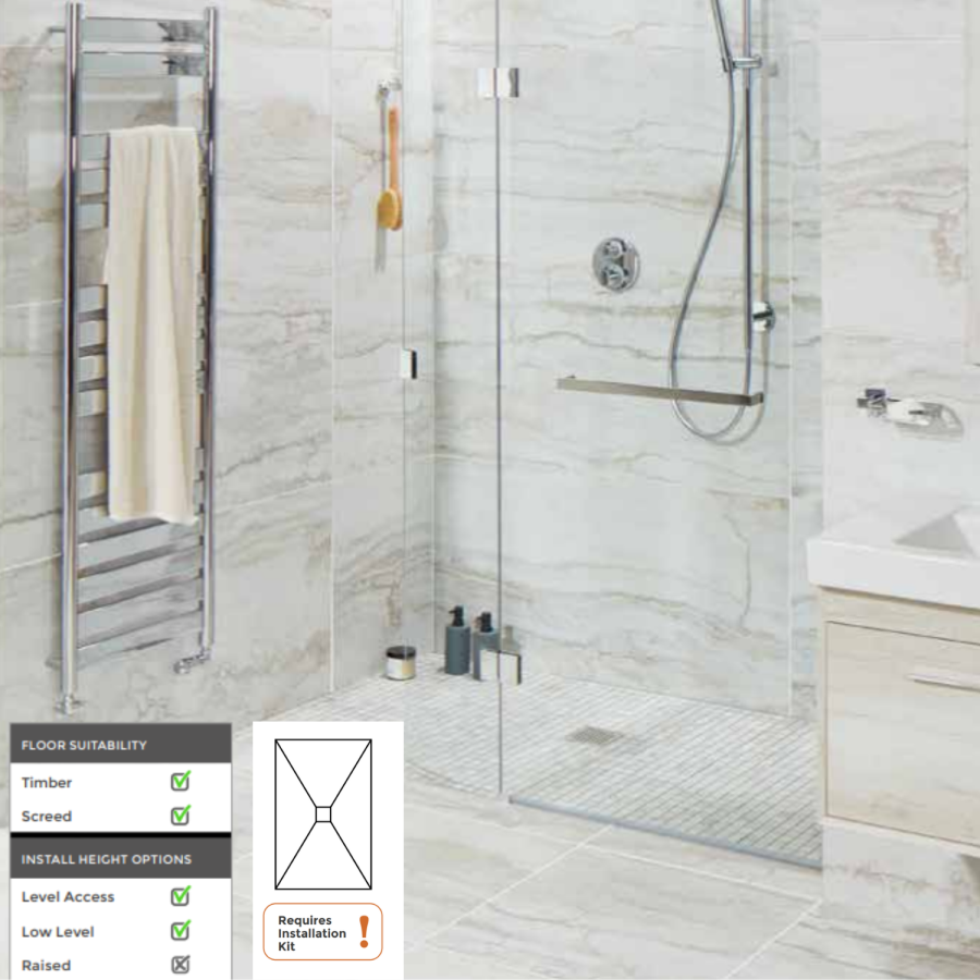 1200x900mm Wet Room Tileable Shower Tray with Wet Room Install & Square Centre Waste Drainage Kit