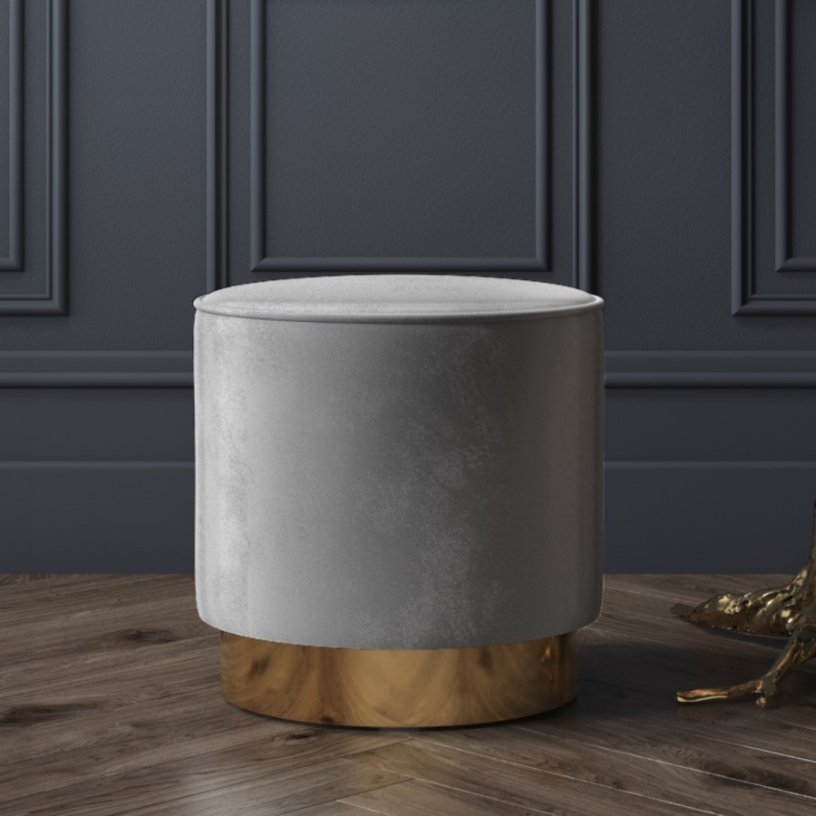 Xena Pouffe in Pale Grey Velvet - Small Round Upholstered Stool