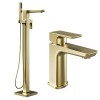 Brass Freestanding Bath Shower Mixer and Basin Tap Set wth Basin Waste - Zana