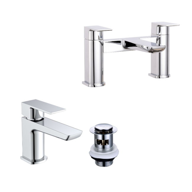 Grade A1 - Chrome Bath and Basin Tap Set with Basin Waste- Zana