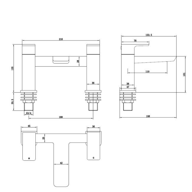 Chrome Bath and Basin Tap Set with Basin Waste- Zana