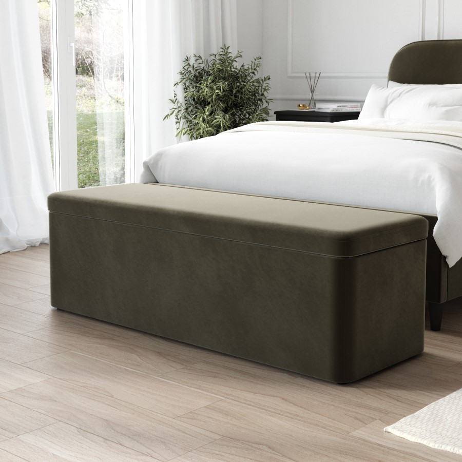 Khaki Green Velvet Double Bed Frame with Blanket Box - Zara