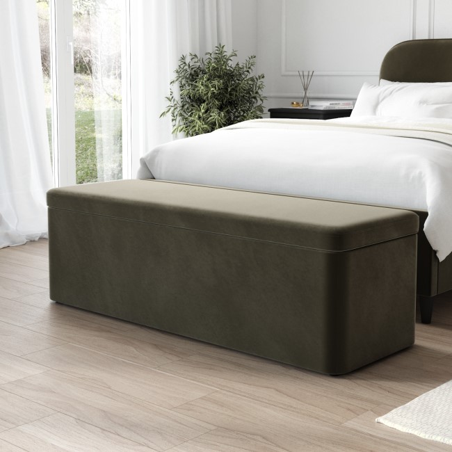 Khaki Green Velvet Small Double Bed Frame with Blanket Box - Zara