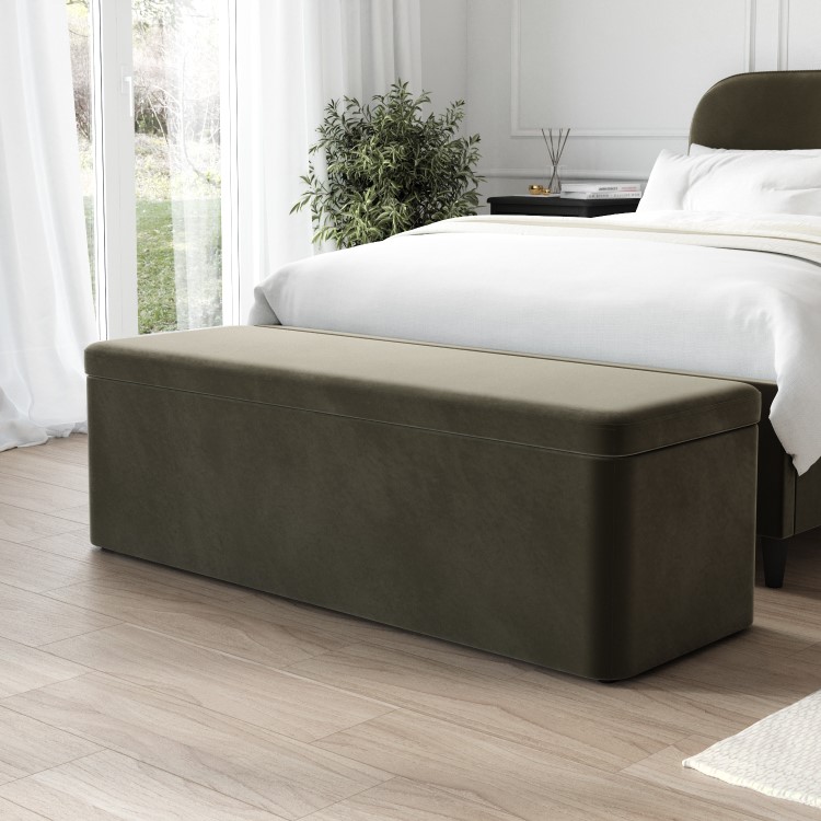 Khaki Green Velvet Small Double Bed Frame with Blanket Box - Zara