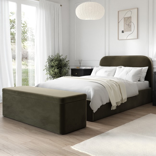 Khaki Green Velvet Small Double Ottoman Bed Frame with Blanket Box - Zara