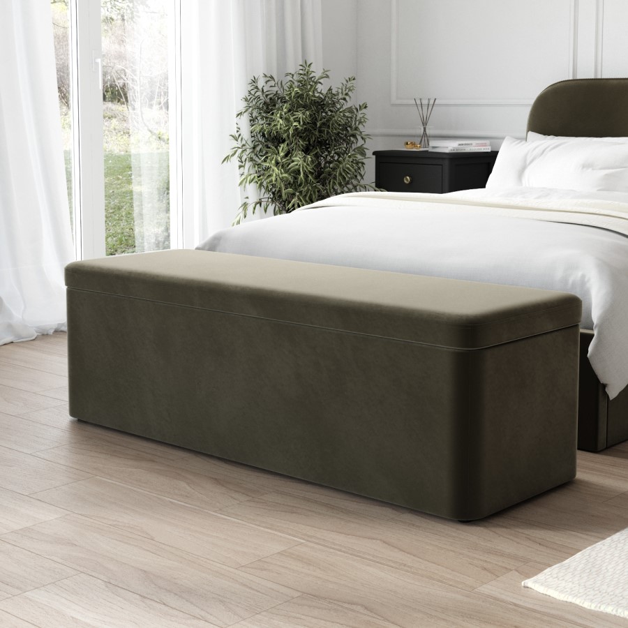 Khaki Green Velvet Super King Ottoman Bed Frame with Blanket Box - Zara