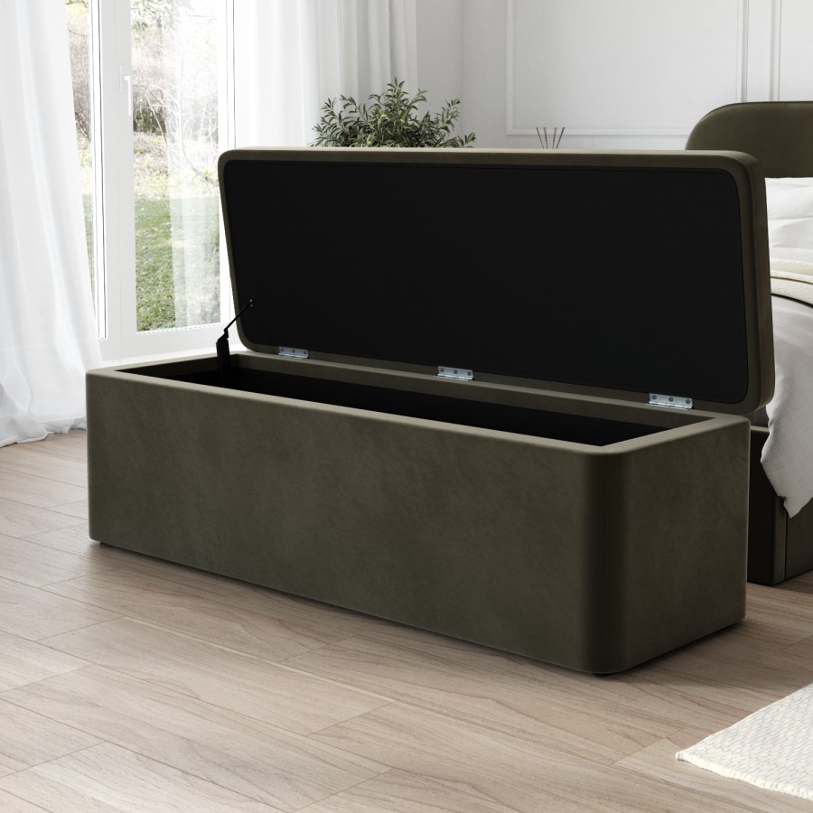 Khaki Green Velvet Super King Ottoman Bed Frame with Blanket Box - Zara