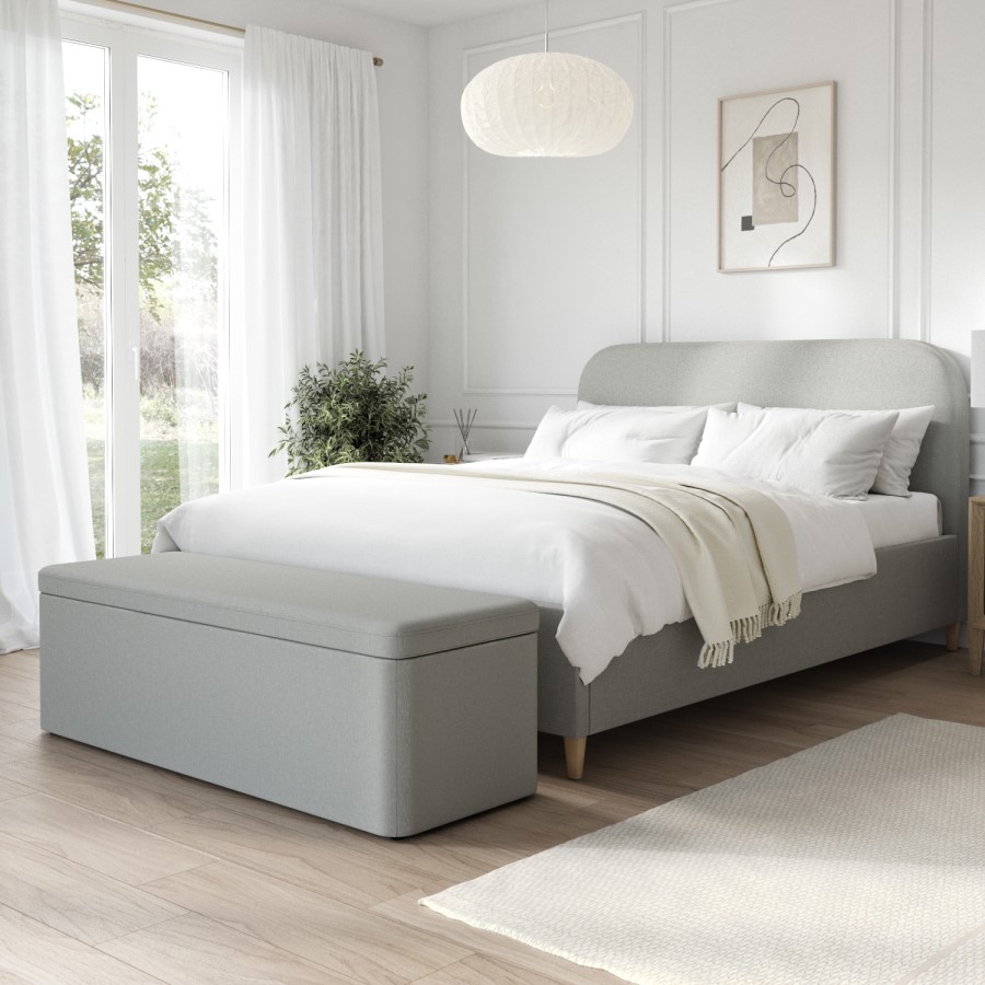 Grey Upholstered King Size Bed Frame with Blanket Box - Zara