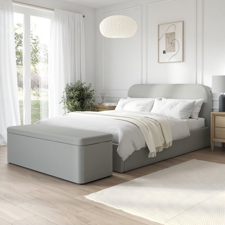 Grey Upholstered King Size Ottoman Bed Frame with Blanket Box - Zara