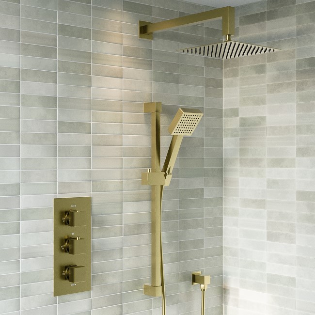 Grade A1 - Brushed Brass Dual Outlet Wall Mounted Thermostatic Mixer Shower Set with Hand Shower - Zana