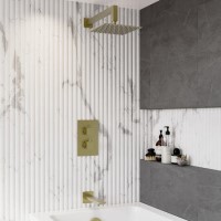 Brushed Brass 2 Outlet Bath Mixer Shower Set with Wall Mounted 200mm Shower Head and Bath Filler Spout - Zana