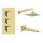 Brushed Brass 2 Outlet Bath Mixer Shower Set with Wall Mounted 200mm Shower Head and Bath Filler Spout - Zana