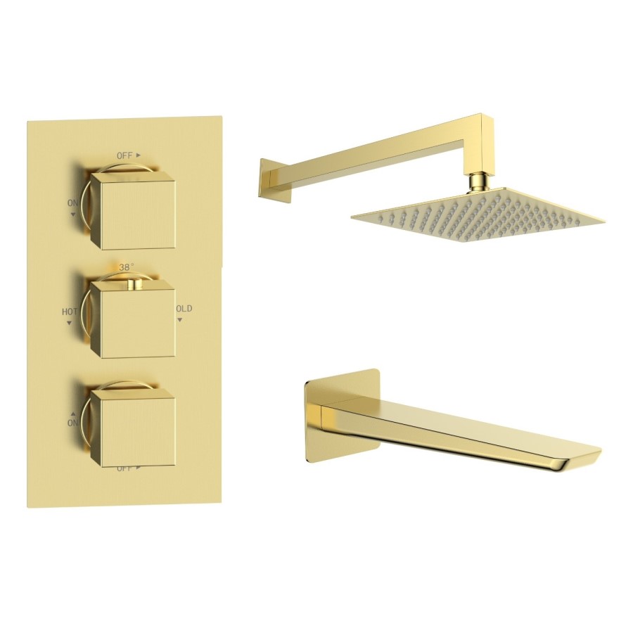 Brushed Brass 2 Outlet Bath Mixer Shower Set with Wall Mounted 200mm Shower Head and Bath Filler Spout - Zana