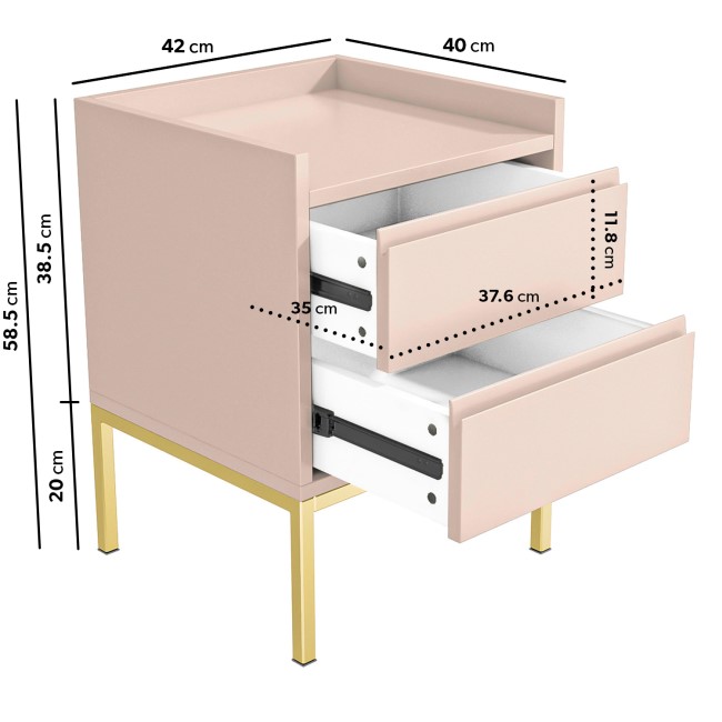 Kids Pink 2 Drawer Bedside Table - Zion