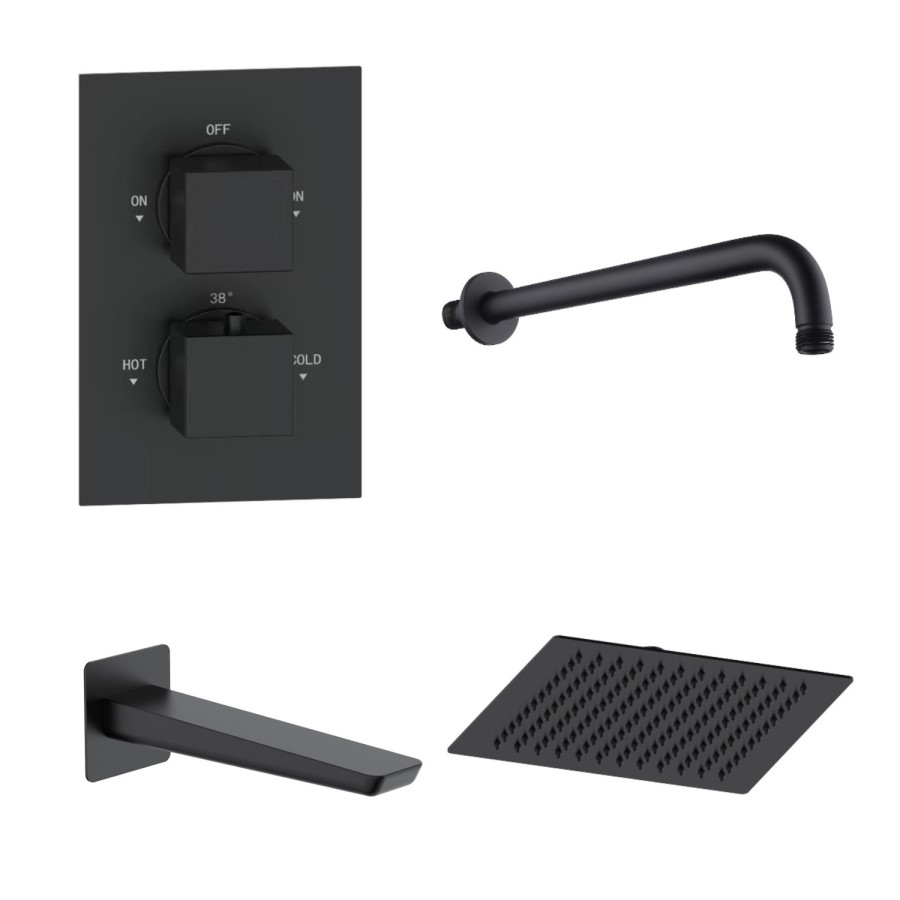 Black 2 Outlet Bath Mixer Shower Set with Wall Mounted 250mm Shower Head and Bath Spout - Zana